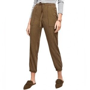 Anthropologie Flocked Joggers Olive Green Velvet Polka Dot